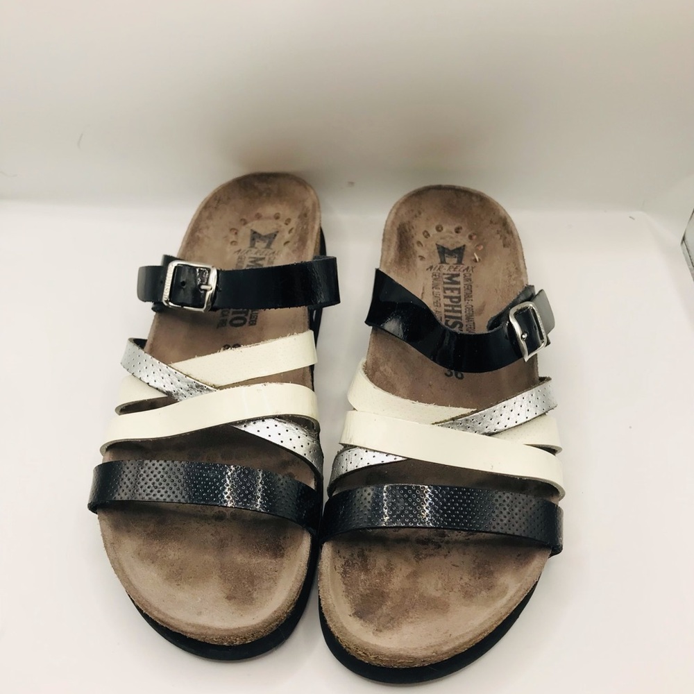 Mephisto Women's Strappy Buckle Slide Sandals in Black, White, and Silver